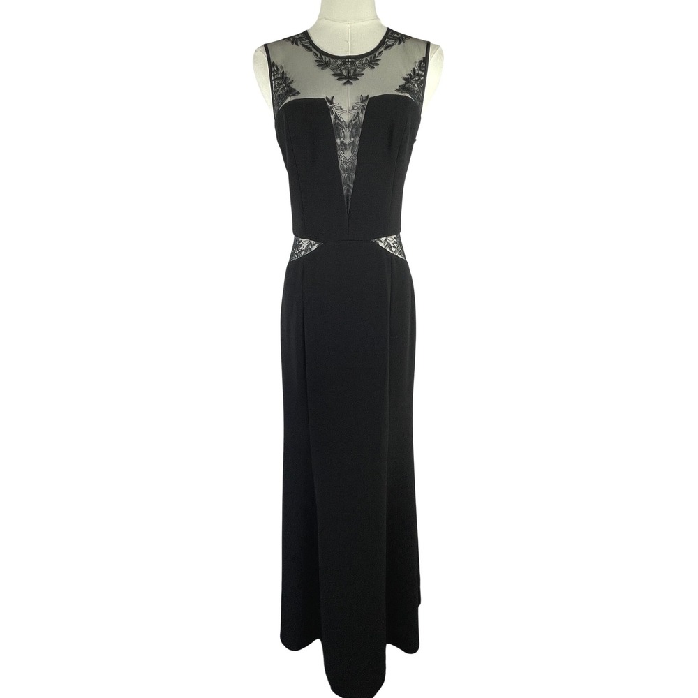 BCBGMAXAZRIA Sachie Embroidered Mesh Gown 6 Black Formal Prom Gala Evening Luxe